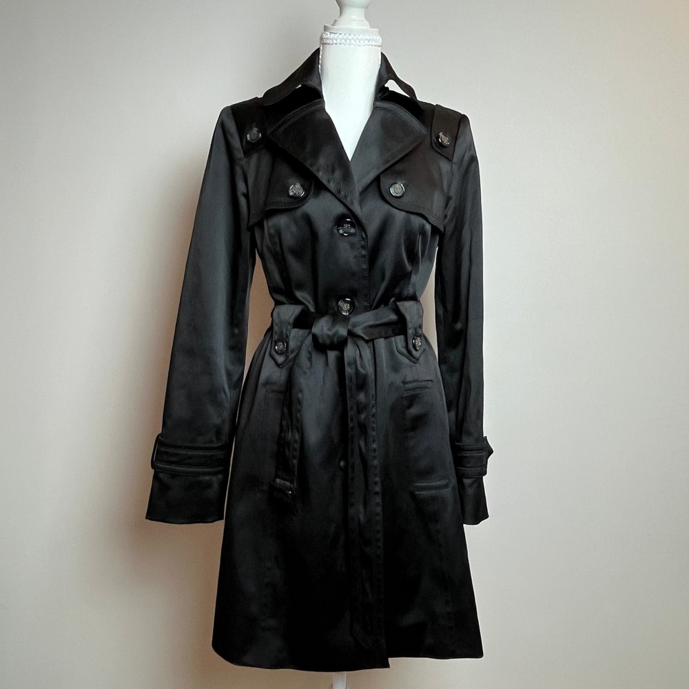 Jessica Simpson Womens M Black Satin Trench Coat Belted Jacket Military